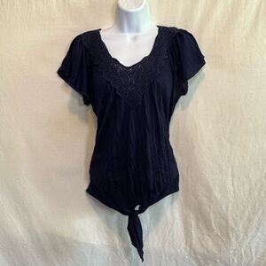 G-18 New Directions Purple Lace Detail Waist Tie Short Sleeve‎ Blouse Size M